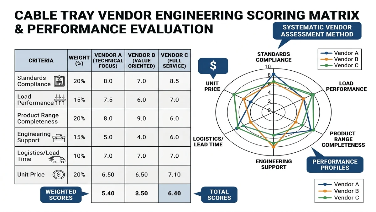 Compare Cable Tray Manufacturers: 2026 Buyer Checklist supporting image: cable tray vendor scoring matrix radar chart 03