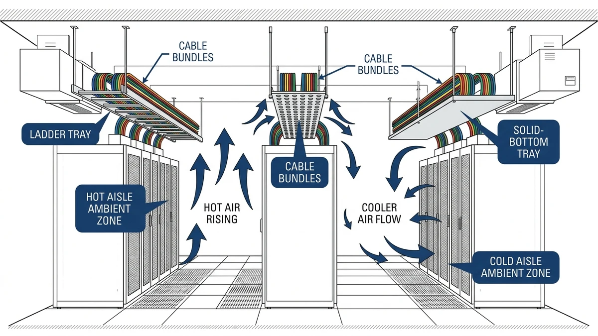 Ladder, perforated, and solid cable trays above hot and cold aisles showing airflow paths