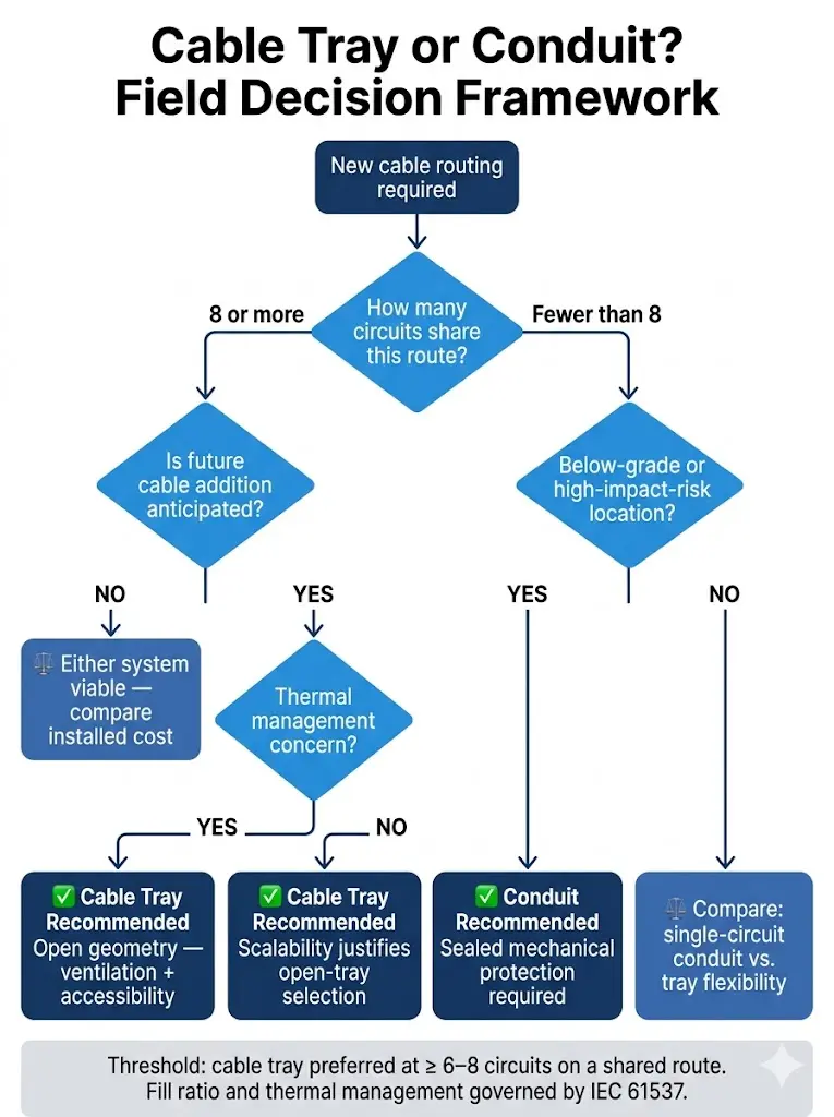 Decision flowchart for selecting cable tray or conduit based on circuit count, modification frequency, and installation environment conditions