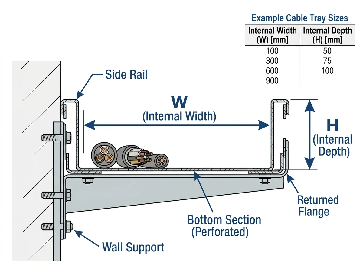 Cable tray cross-section illustrating internal width and depth dimensions with labels.