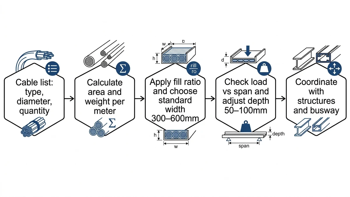 Engineering workflow showing steps to select cable tray width and depth.