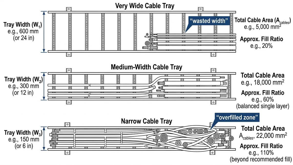 Cable Tray Width Explained: Why Bigger Isn’t Always Better supporting image: cable tray width fill ratio diagram fig01