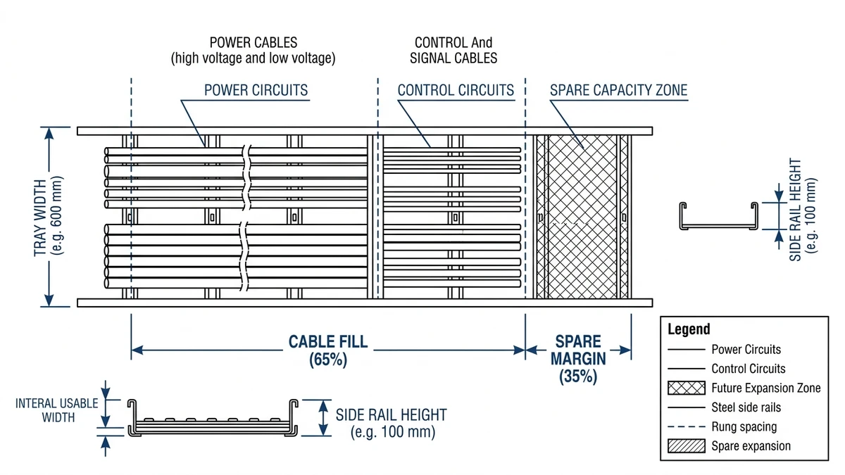 Plan view of cable tray showing width selection, cable fill ratio, and segregation lanes.