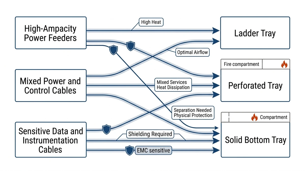 Ladder vs Perforated vs Solid Cable Tray: 2026 Selection Guide supporting image: cable type emc fire strategy tray selection map