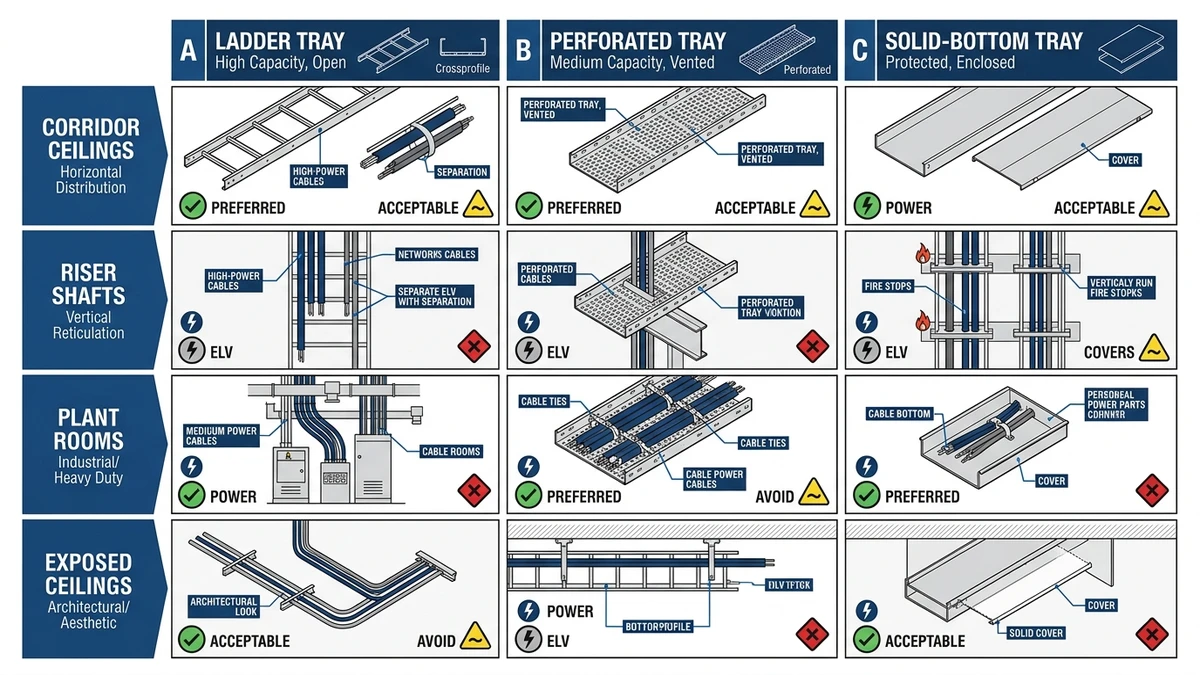 Matrix comparing ladder, perforated, solid trays across commercial building zones