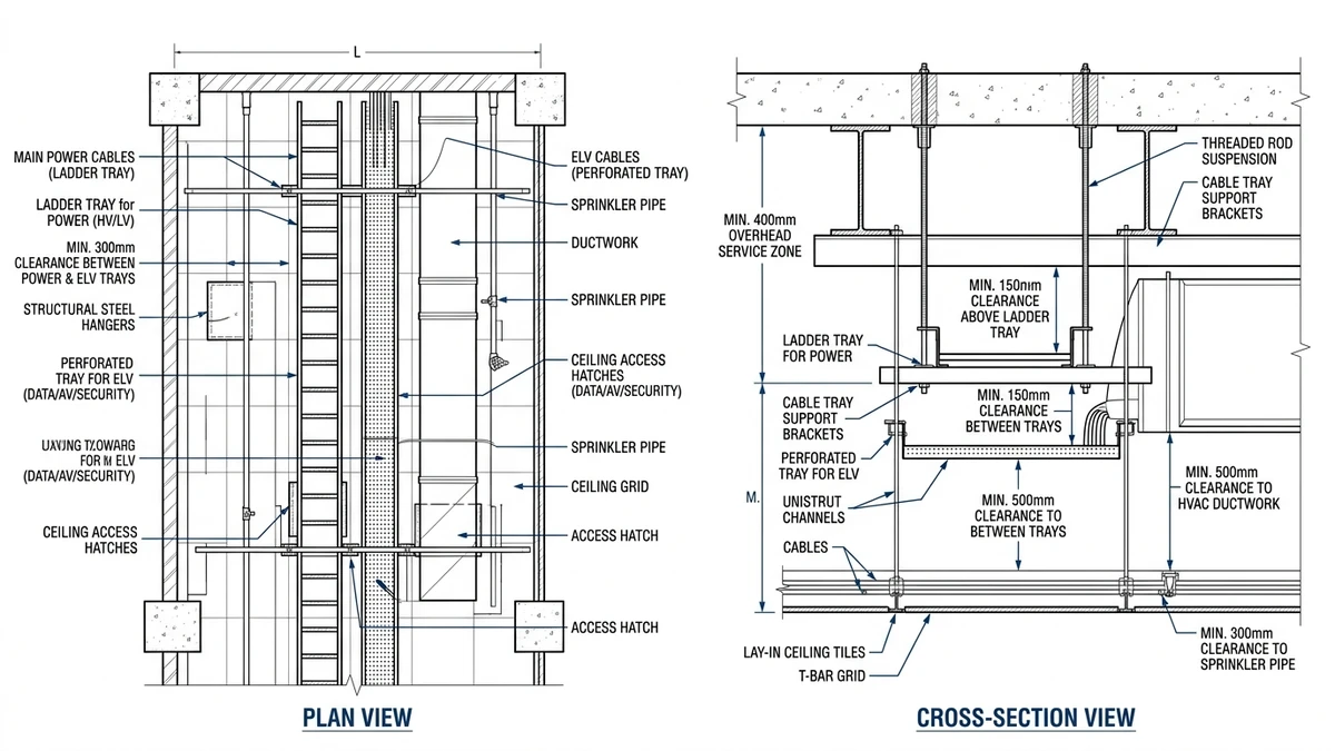 Corridor ceiling section showing power ladder tray, ELV perforated tray, and service clearances