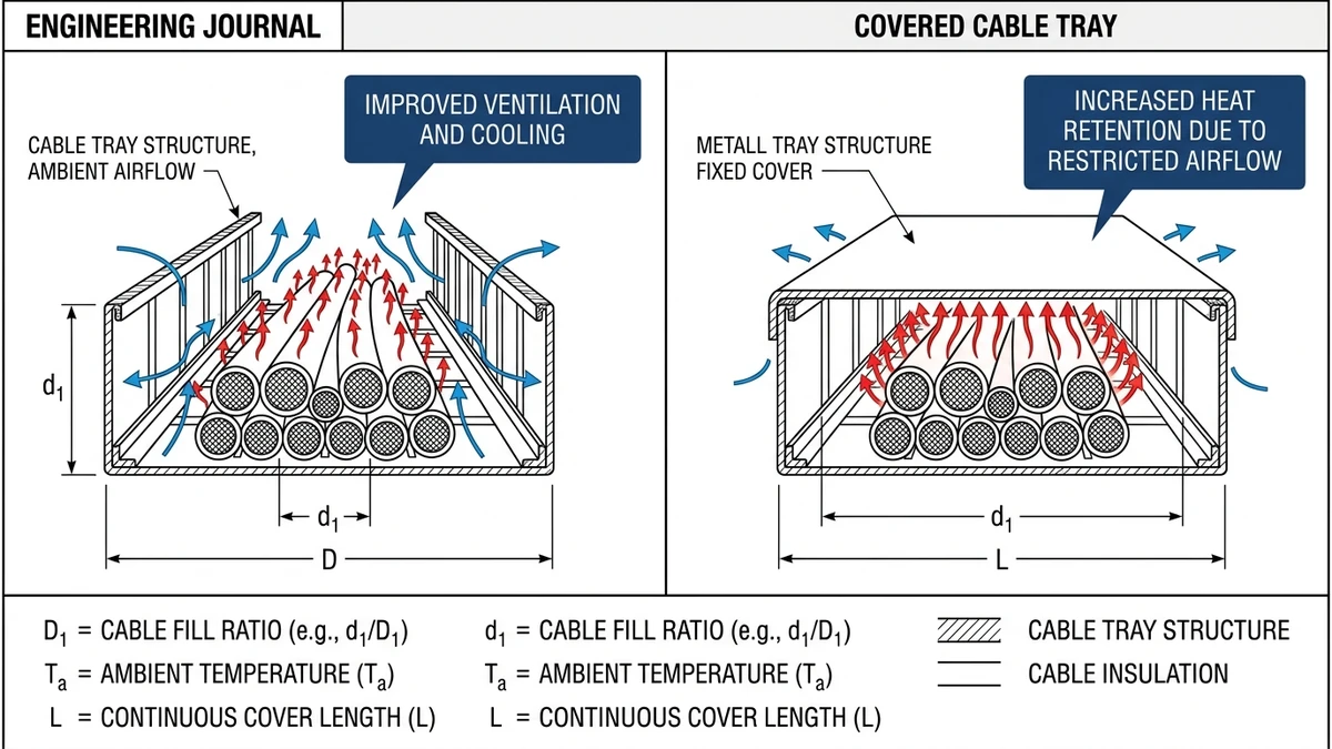 Covered cable tray and open tray airflow comparison showing heat dissipation differences