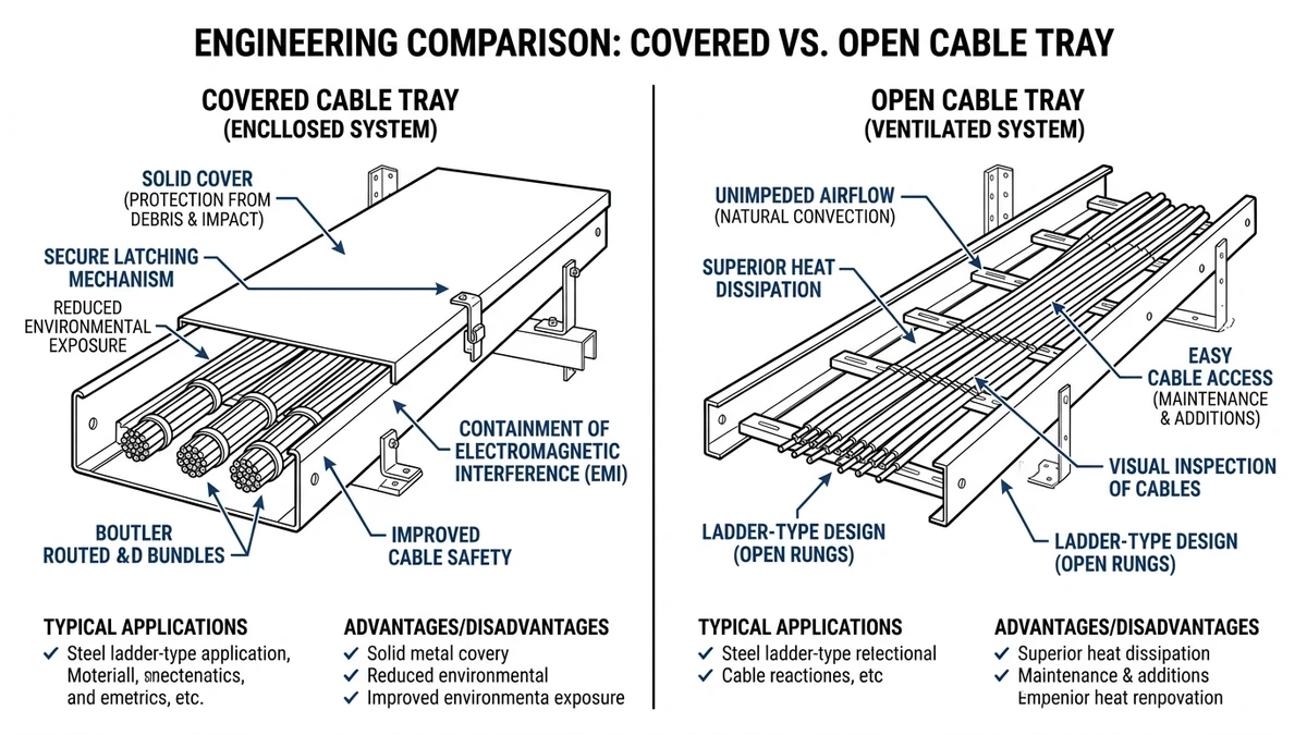 Covered cable tray versus open tray showing inspection and cable access differences