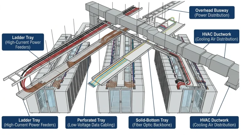 Data center cable tray systems above racks showing ladder power trays and low-voltage routes.