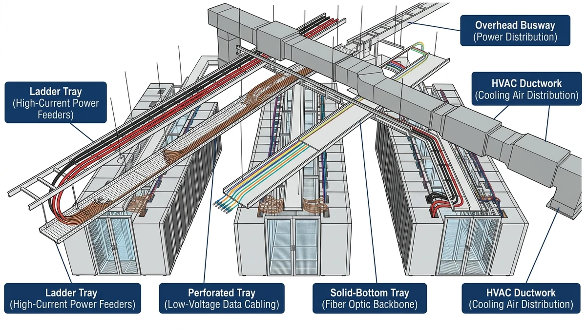 Data center cable tray systems above racks showing ladder power trays and low-voltage routes.