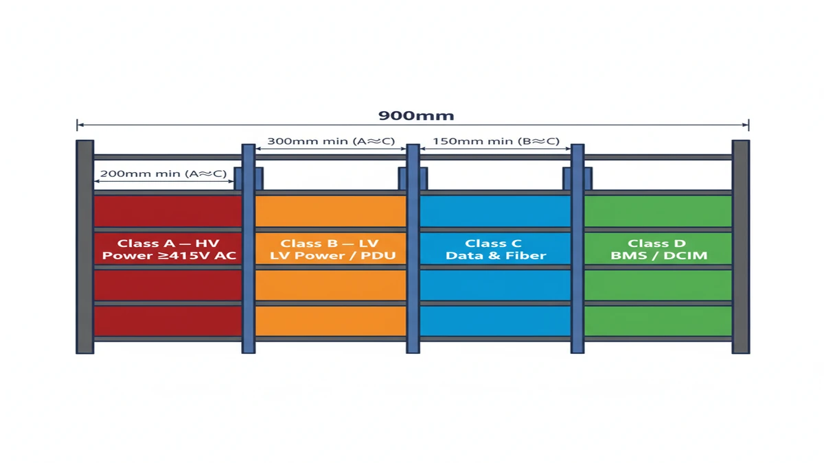 Data center ladder cable tray cross-section showing four segregation lanes for HV power, LV power, data, and BMS control cables