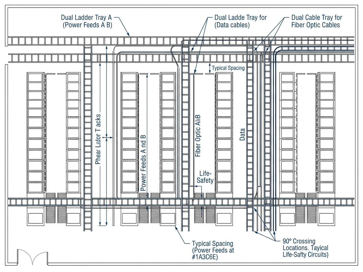 Plan view of data center cable trays showing segregated power, data, and life-safety routes