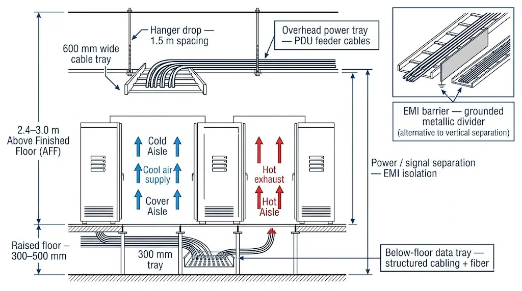 Data center cross-section showing overhead ladder tray for power cables above hot aisle and below-floor perforated tray for structured data cabling