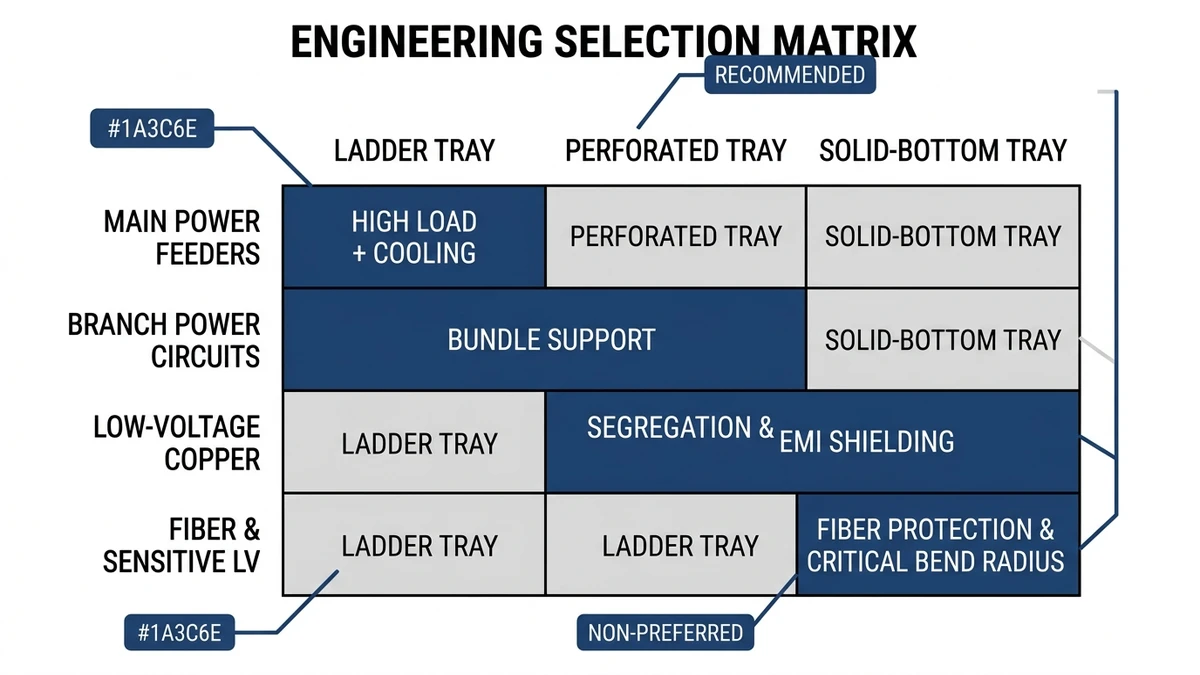 Selection matrix mapping data center power and low-voltage circuits to ladder, perforated, solid cable trays.