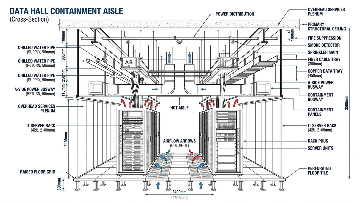 Section view of data hall ceiling showing power and LV cable trays, busway, and HVAC ducts.