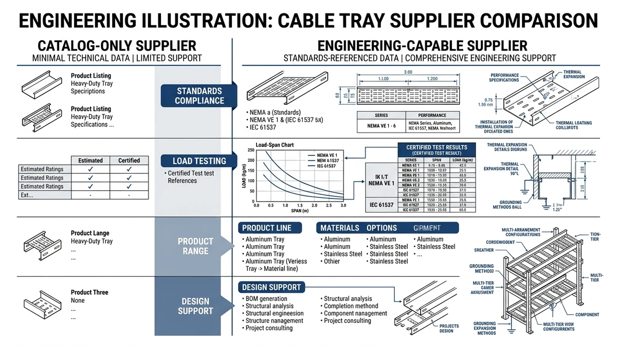 Comparison of electrical cable tray suppliers showing catalog-only vendor versus engineering-capable partner.