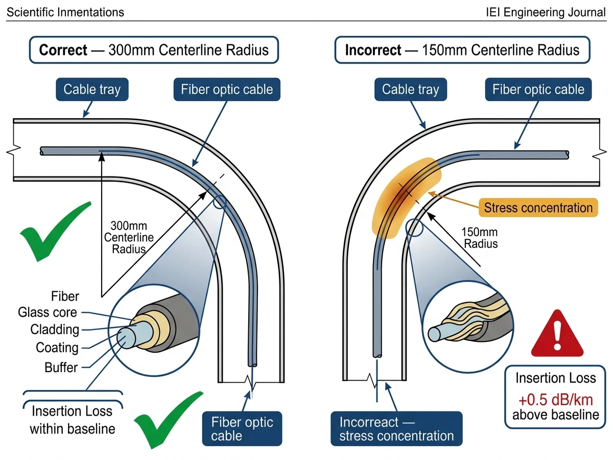 Cross-section diagram of fiber optic cable at tray elbow showing correct 300mm bend radius versus violated bend radius causing signal loss