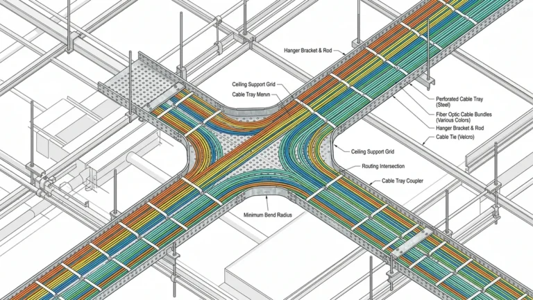Fiber optic cable tray routing overview in data center ceiling installation