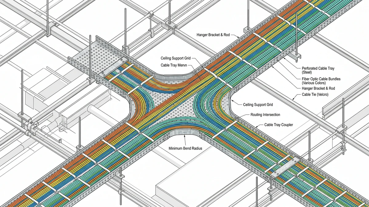 Fiber optic cable tray routing overview in data center ceiling installation