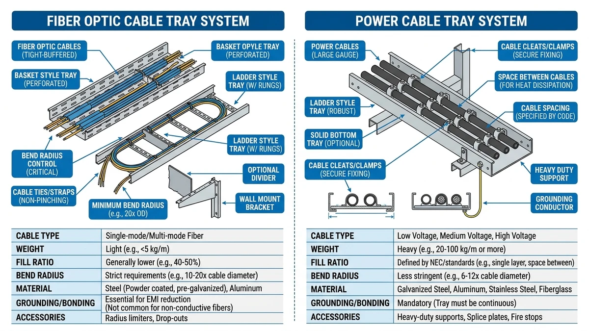 Fiber Optic Cable Tray: Routing Guide & Selection Tips supporting image: fiber tray vs power tray parameter comparison 01