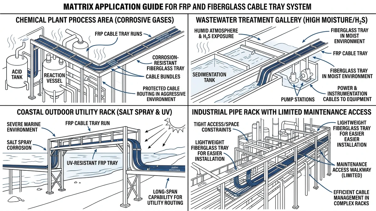 Fiberglass cable tray applications in chemical plants wastewater areas coastal and outdoor racks