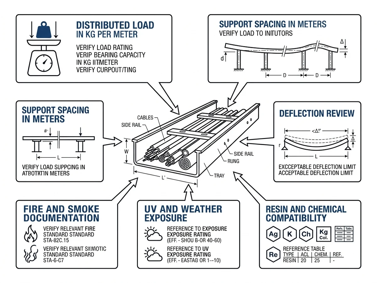 FRP cable tray checklist covering load span resin UV fire and fittings