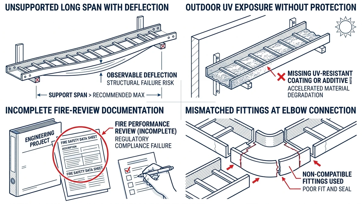 FRP cable tray mistakes showing span UV fire and fittings selection errors