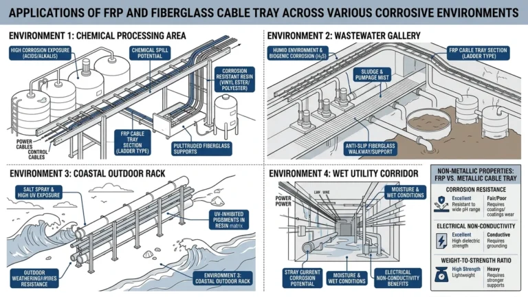 FRP cable tray illustration showing corrosive industrial environments and non-metallic application scenarios