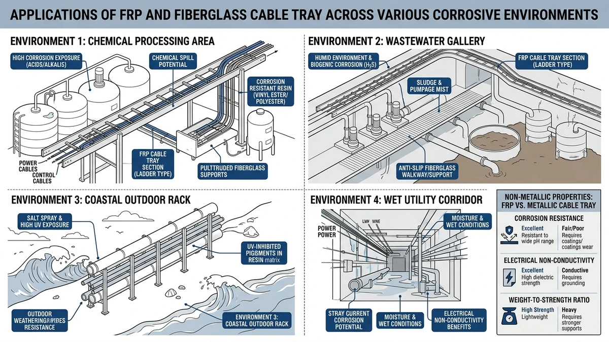 FRP cable tray illustration showing corrosive industrial environments and non-metallic application scenarios