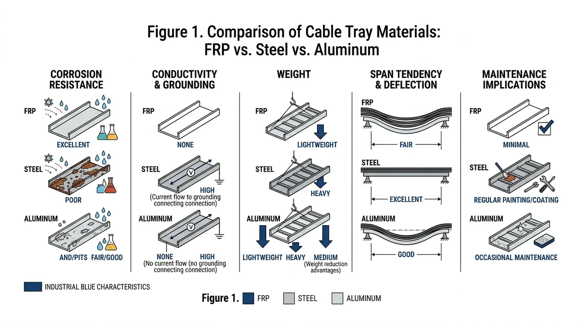 FRP cable tray compared with steel and aluminum across corrosion and span factors