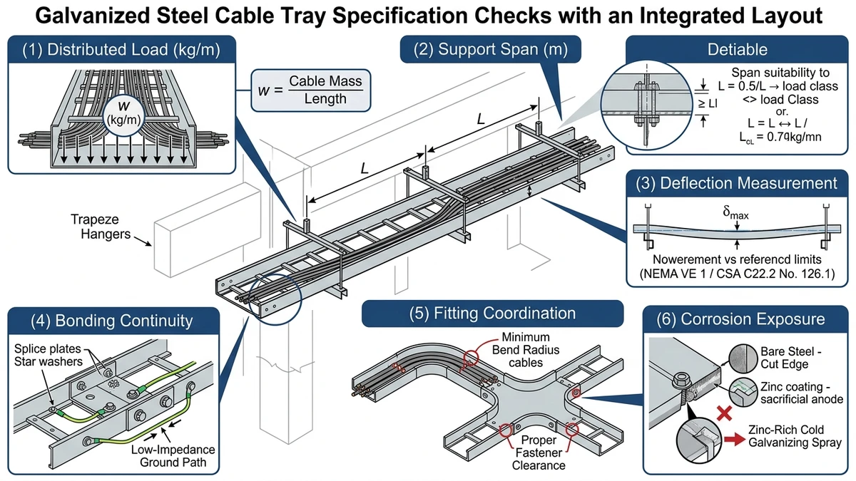 Galvanized steel cable tray engineering checks showing load span bonding corrosion factors