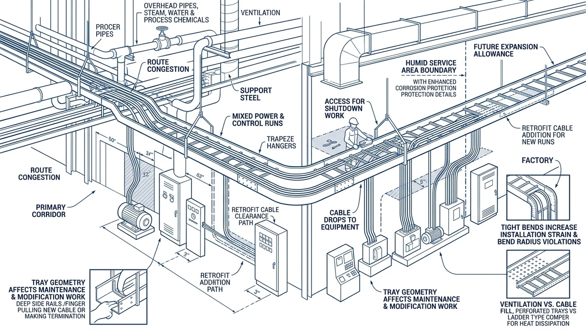 Galvanized steel cable tray in industrial conditions showing routing maintenance and retrofit constraints