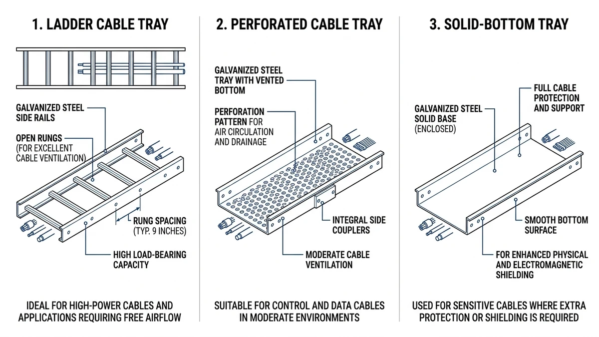 Galvanized steel cable tray types comparing ladder perforated and solid-bottom industrial configurations