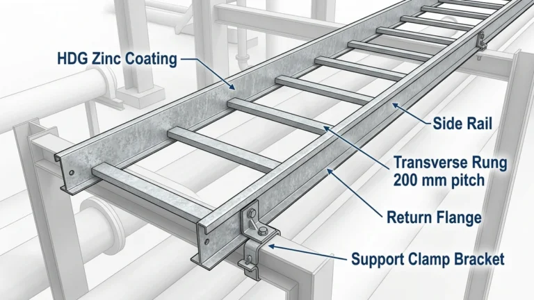 Galvanized steel ladder cable tray installed on industrial pipe rack with HDG zinc coating