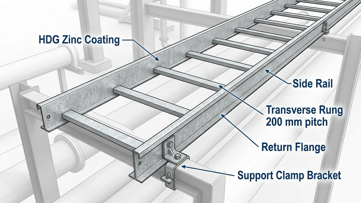 Galvanized steel ladder cable tray installed on industrial pipe rack with HDG zinc coating