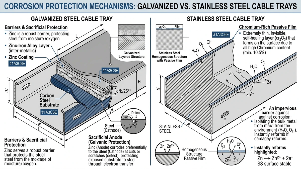 Galvanized and stainless steel cable tray corrosion protection mechanism comparison illustration