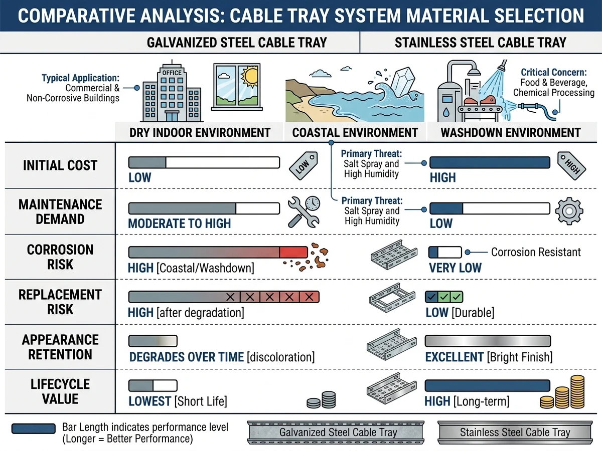 Galvanized vs stainless steel cable tray lifecycle cost comparison matrix illustration