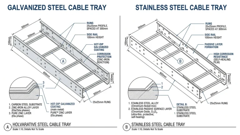 Galvanized vs stainless steel cable tray comparison showing corrosion and environment suitability