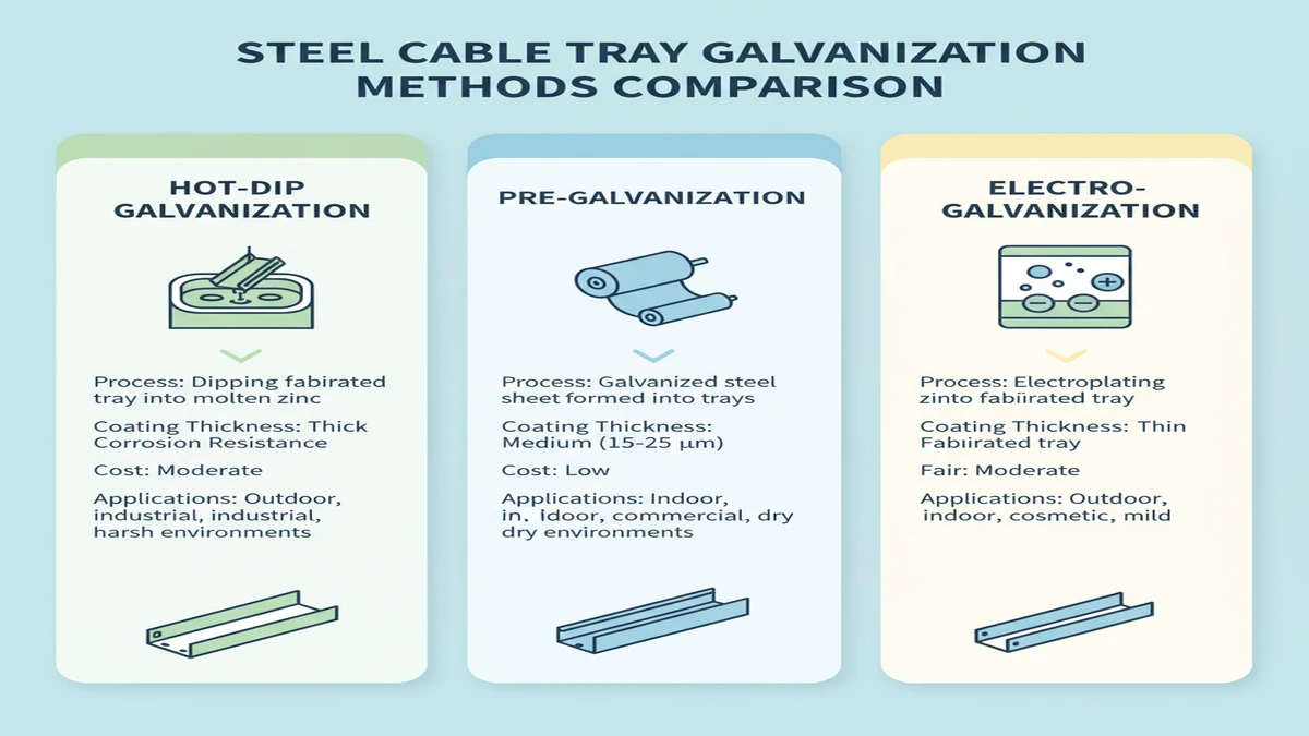 Comparison infographic of HDG after fabrication, pre-galvanized, and electro-galvanized zinc coating thickness and environment suitability