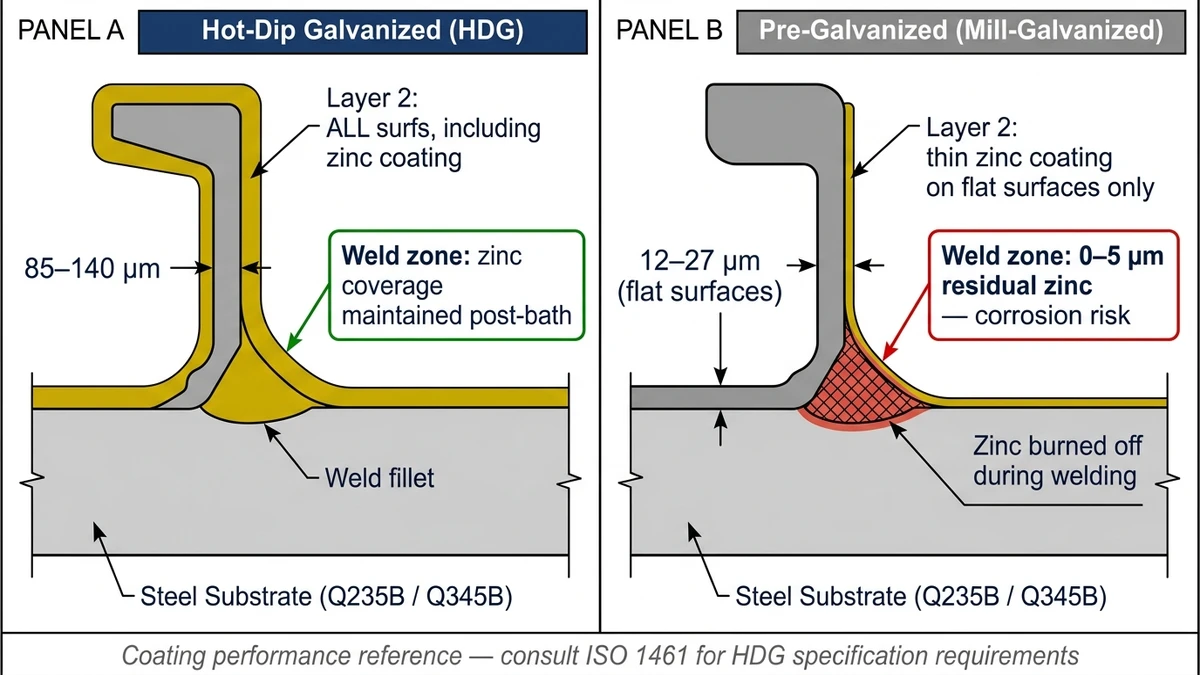 Cross-section diagram of HDG versus pre-galvanized zinc coating at ladder cable tray weld zone showing coating thickness difference