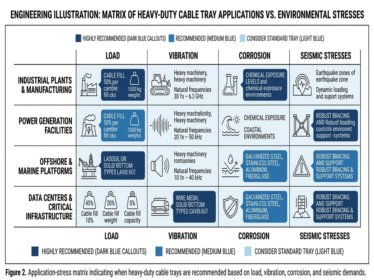 Matrix of heavy-duty cable tray applications versus load, vibration, corrosion, and seismic stresses