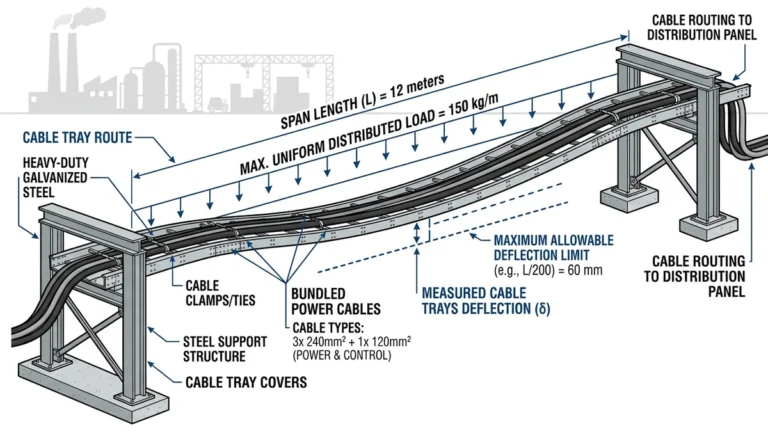 Heavy-duty cable tray showing high load, long span, and deflection criteria in industrial setting