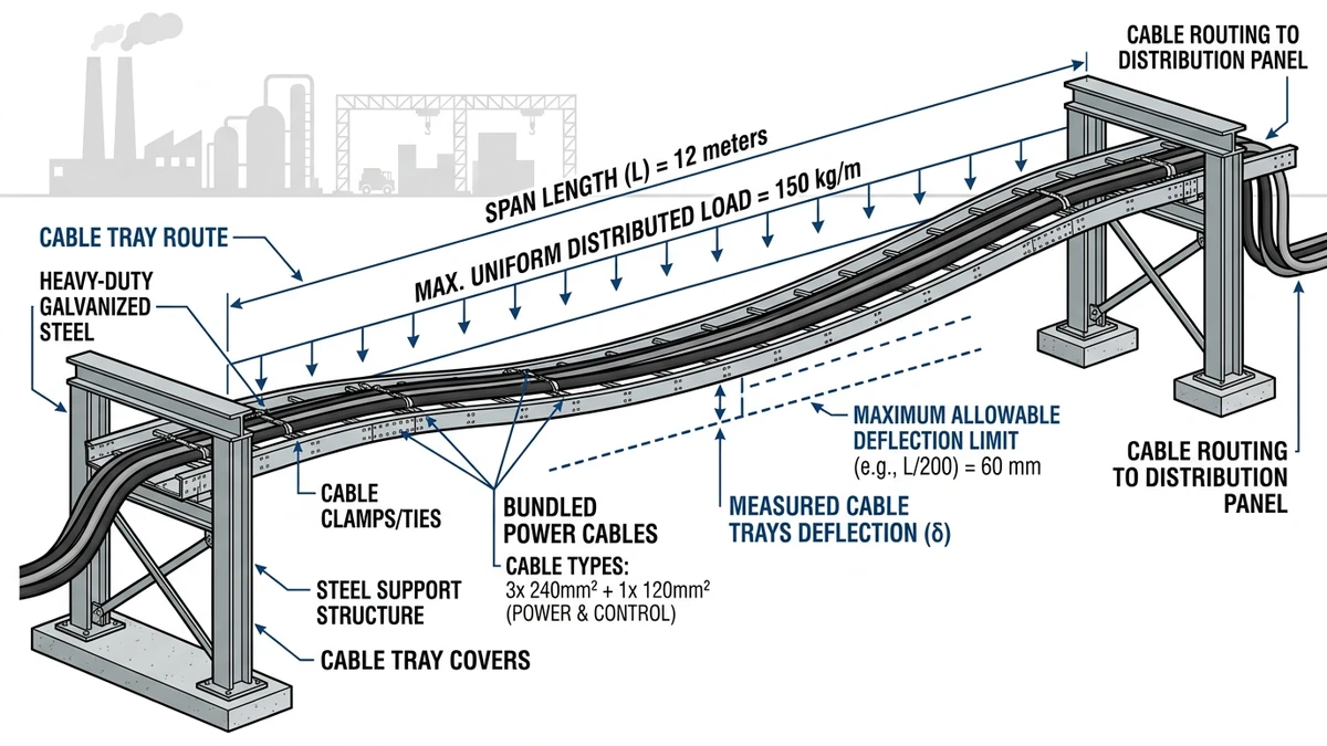 Heavy-duty cable tray showing high load, long span, and deflection criteria in industrial setting
