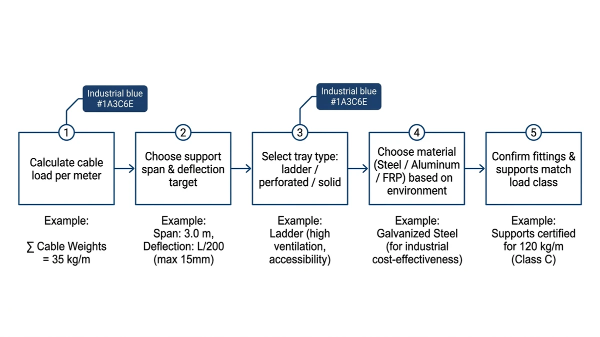 Buyer decision flowchart for heavy-duty cable tray load, span, type, and material