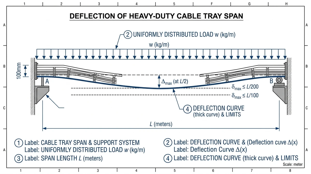 Heavy-duty cable tray span diagram showing UDL, span length, and deflection limit lines