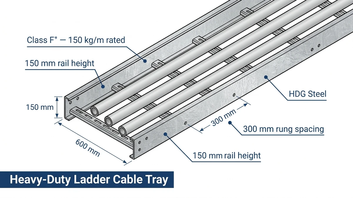 Heavy-duty ladder cable tray Class F installation on main power cable run with 150 mm steel rails