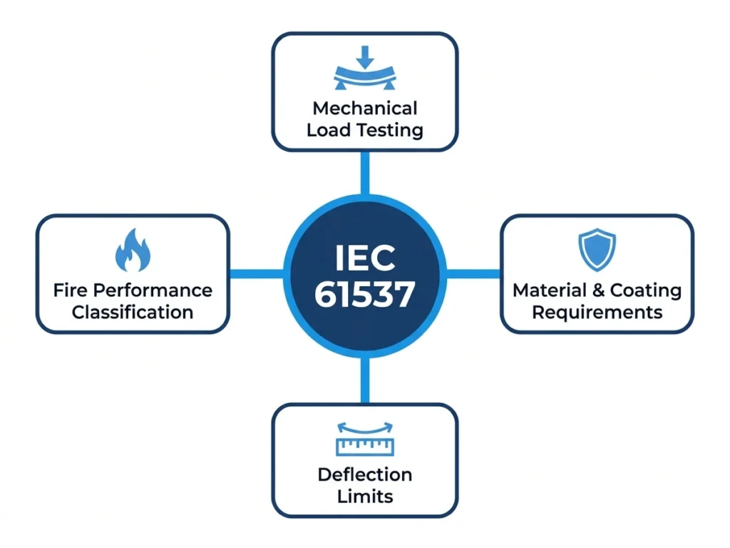 IEC 61537 compliance scope diagram showing four governed areas for cable tray: mechanical load testing, material requirements, deflection limits, fire classification