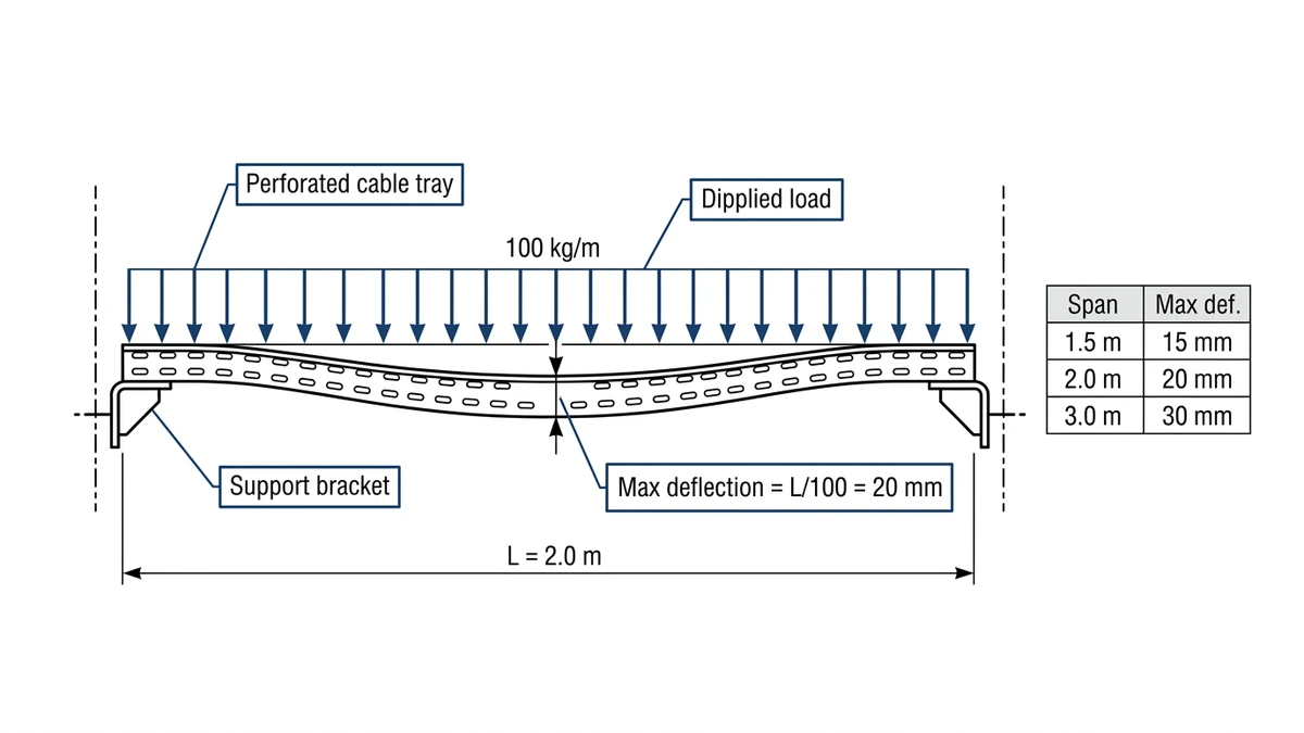 IEC 61537 cable tray load span diagram showing mid-span deflection curve and L/100 limit