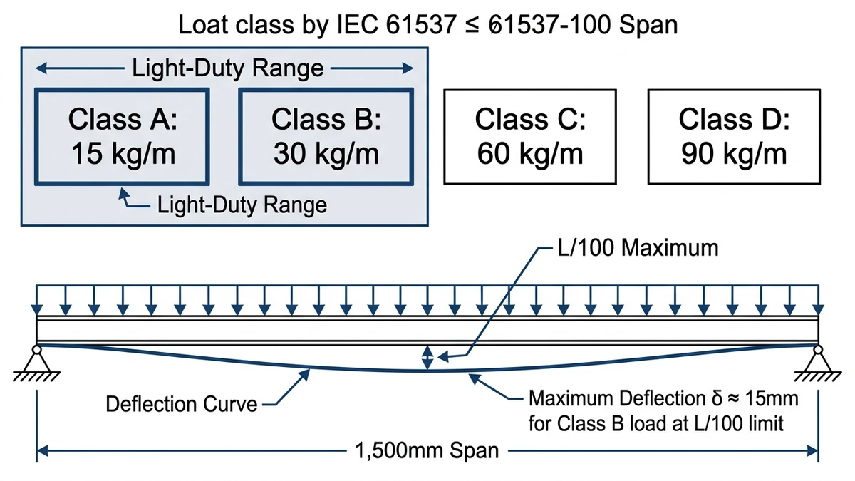 IEC 61537 load class diagram showing deflection limits for light-duty cable tray at 1500mm span