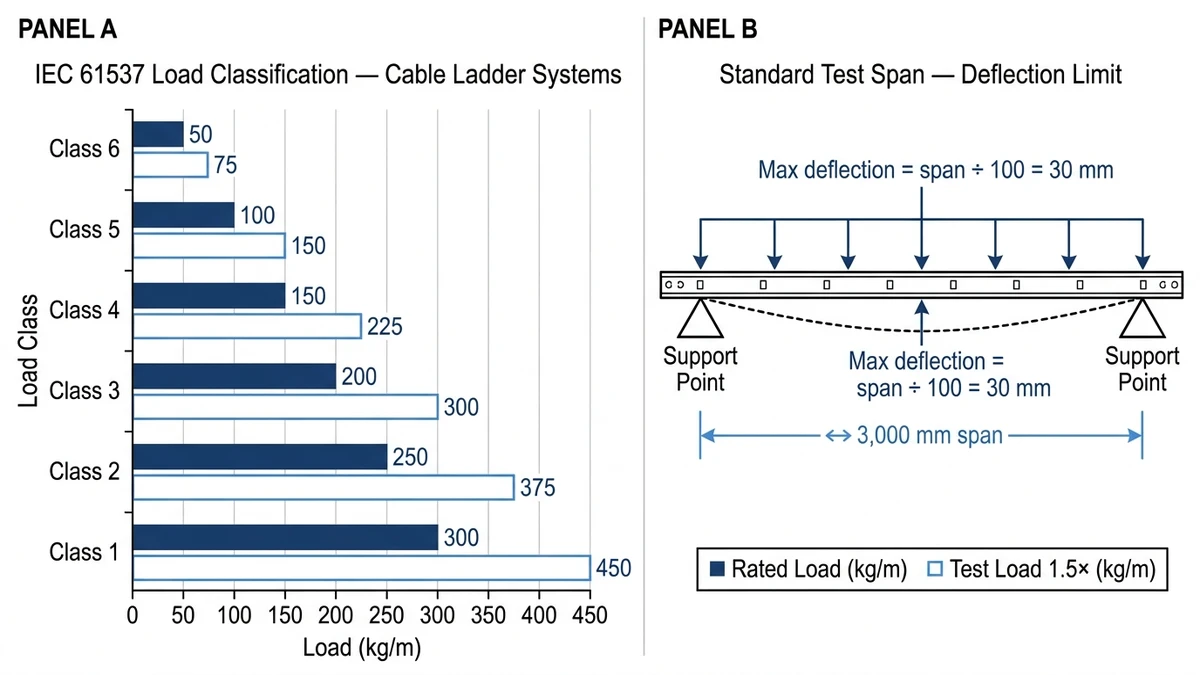 IEC 61537 load class chart Class 1 to 6 with span deflection diagram for ladder cable tray systems